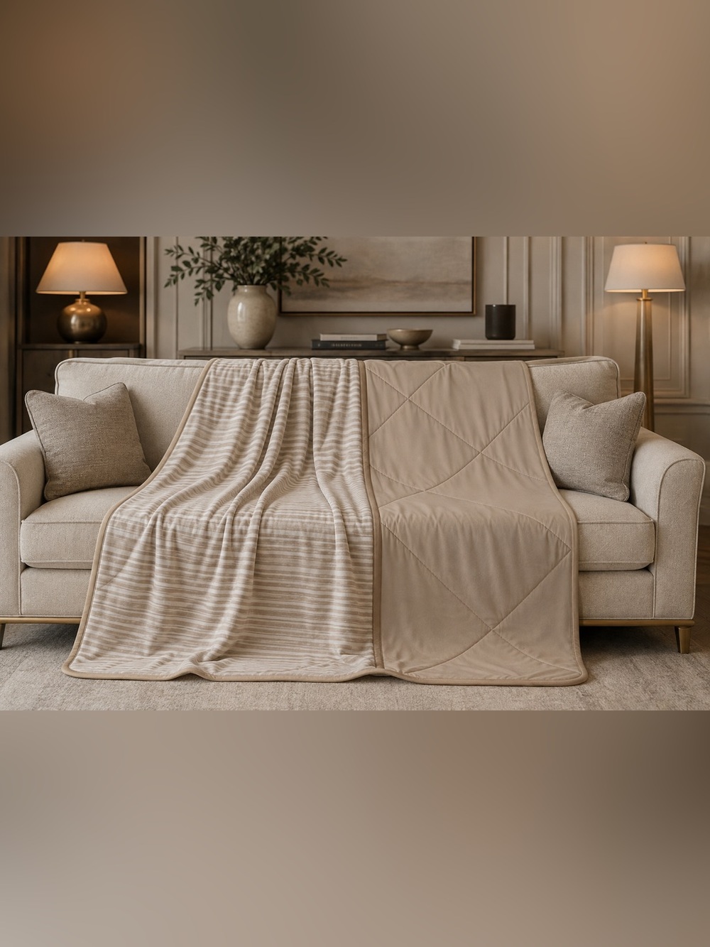 Cooling Throw Blanket 60x70 Beige Striped Reversible Supersoft Lightweight New